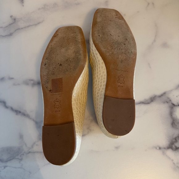 Tory Burch Georgia Square-Toe Croc-Embossed Cream Colored Ballet Flats | W-8.5 - Picture 11 of 14